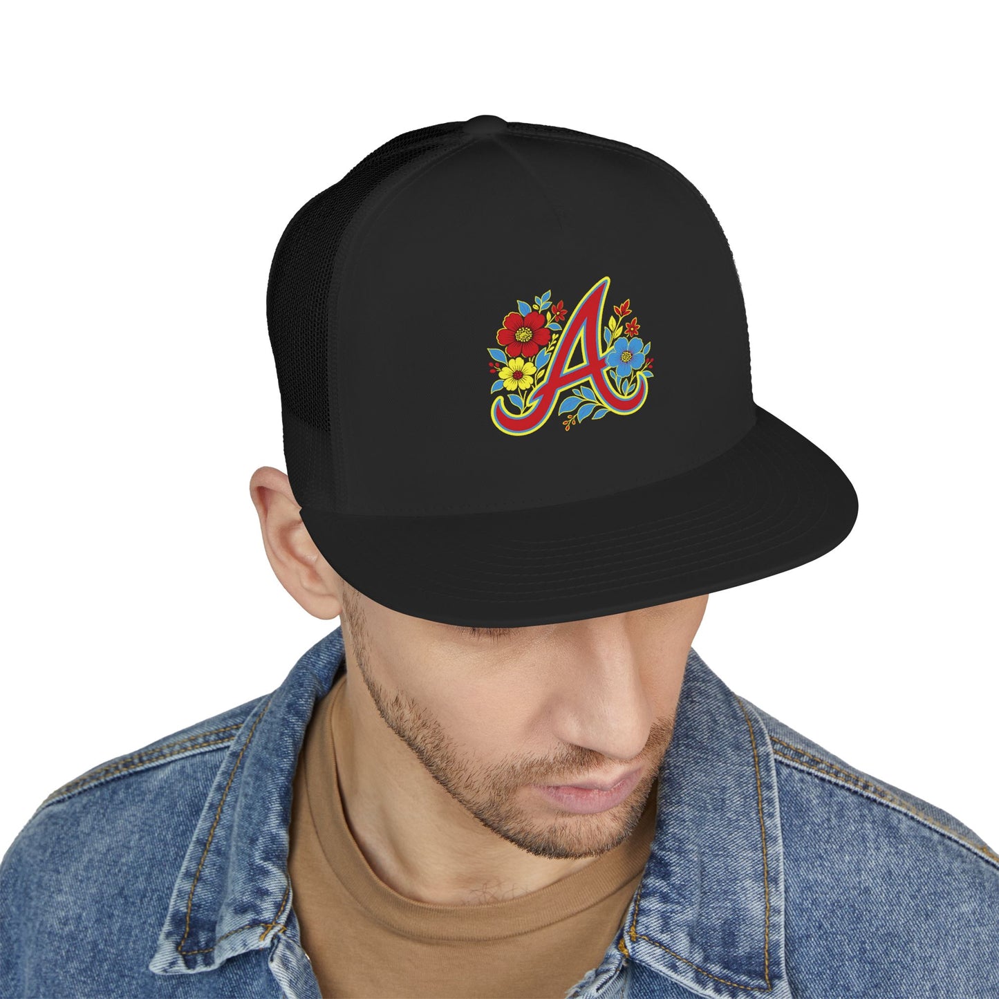 Floral Letter A Embroidered Initial Trucker Cap | Monogram Flower Hat